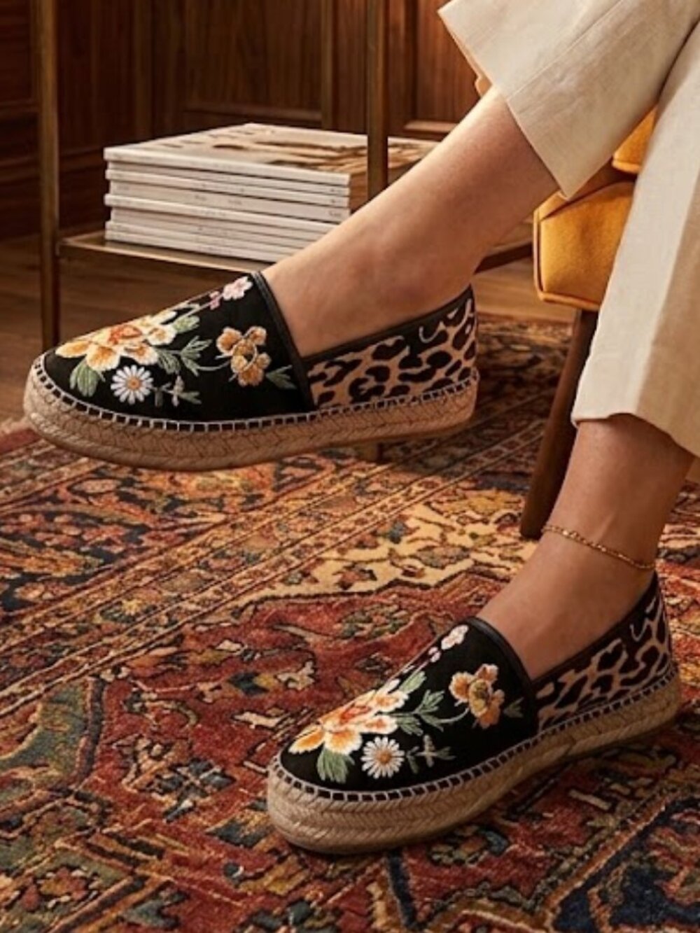 Beautiful Johnny Was Espadrilles with Orange Floral Embroidery Size 5.5